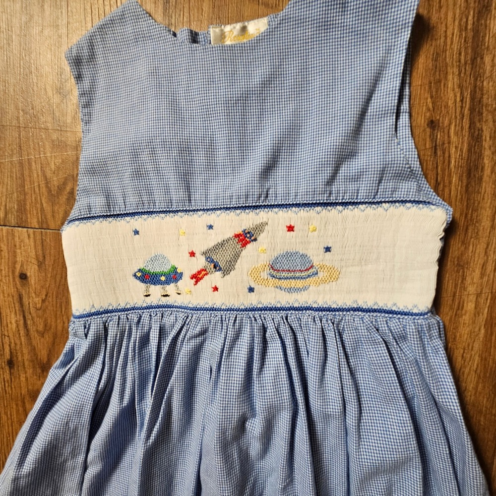 Rosalina Collections Girls Gingham Smocked Space Rocket Embroidered Dress 7Y - Picture 6 of 6